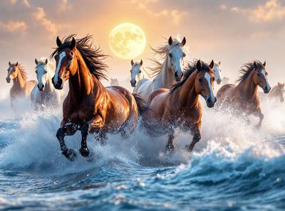 Primary subject: Horses running through the ocean.
Setting/background: The ocean with waves.
Visual style: Digital art.
Colors and mood: The image is in black and white, giving it a classic and timeless feel.