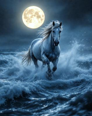 Primary subject: A white horse running through the ocean.

Setting/background: The ocean, with waves and a moon in the background.

Visual style: Digital art.

Colors and mood: The image is in black and white, giving it a classic and timeless feel. The white horse stands out against the dark ocean, creating a sense of motion and power.