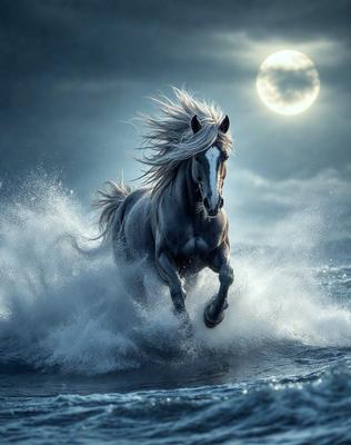 Primary subject: A white horse running through the ocean.

Setting/background: The ocean, with waves and a moon in the background.

Visual style: Digital art.

Colors and mood: The image is in black and white, giving it a classic and timeless feel. The white horse stands out against the dark ocean, creating a sense of motion and energy.