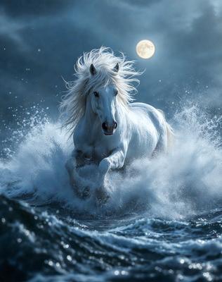 Primary subject: A white horse with long hair, running through the ocean waves.

Setting/background: The ocean, with waves and a moon in the background.

Visual style: The image is a digital artwork, featuring a white horse with flowing hair.

Colors and mood: The image has a blue and white color scheme, with the white horse standing out against the blue ocean. The overall atmosphere is serene and majestic, as the horse gracefully runs through the waves.