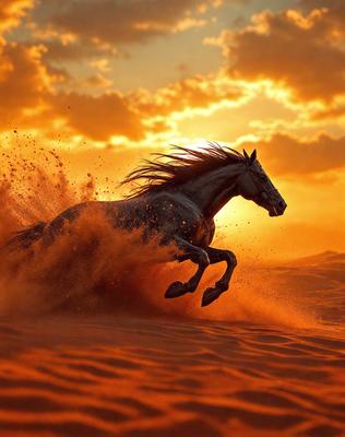 Primary subject: A horse running in the sand.

Setting/background: The horse is running on a sandy beach or desert-like terrain.

Visual style: The image is a photo of the horse in motion.

Colors and mood: The scene is set against a warm, sunset-like background, creating a sense of motion and energy.