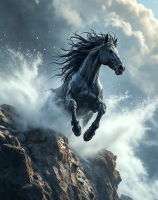 Primary subject: A horse with a long mane, galloping on a rocky hillside.

Setting/background: The horse is galloping on a rocky hillside, with a cloudy sky in the background.

Visual style: The image is a digital art illustration of a horse.

Colors and mood: The image has a dramatic and dynamic mood, with the horse's mane and the cloudy sky creating a sense of motion and energy.