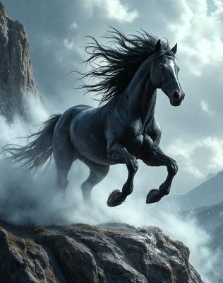 Primary subject: A horse running on a rocky hillside.

Setting/background: The horse is running on a rocky hillside, with a mountain in the background.

Visual style: The image is a digital art illustration of a horse running.

Colors and mood: The image has a dark and dramatic mood, with the horse and the rocky hillside being the main focus.