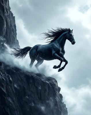 Primary subject: A horse running down a rocky hill.

Setting/background: The horse is running down a rocky hill, with a cloudy sky in the background.

Visual style: The image is a digital art illustration.

Colors and mood: The image has a dark and dramatic mood, with the horse and the rocky hill being the main focus.