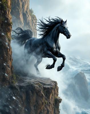The primary subject of the image is a horse, which is captured in mid-air as it leaps over a cliff. The setting is a rocky mountain, with the horse's silhouette visible against the backdrop. The visual style is a digital art, creating a dynamic and dramatic scene. The colors are predominantly dark, with the horse's body and the mountain's surface being the main focus. The overall atmosphere is one of action and adventure.