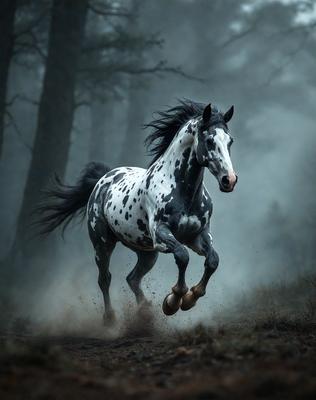 Primary subject: A spotted horse running through a forest.

Setting/background: The horse is running through a forest with trees in the background.

Visual style: The image is a photo of the horse in motion.

Colors and mood: The horse is black and white, and the overall atmosphere is energetic and dynamic.