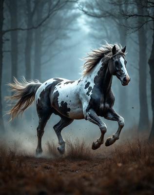 Primary subject: A white and black spotted horse running through a forest.

Setting/background: The horse is running through a forest with trees in the background.

Visual style: The image is a photo of the horse in motion.

Colors and mood: The horse is predominantly white and black, and the overall atmosphere is energetic and dynamic.