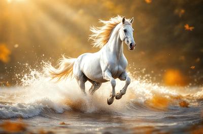 Primary subject: A white horse running through water.

Setting/background: The horse is running through a body of water, possibly a river or a lake.

Visual style: The image is a photo of the horse in motion.

Colors and mood: The image has a vibrant and dynamic atmosphere, with the white horse standing out against the water.