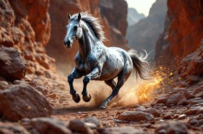 Primary subject: A horse running through a dirt path.

Setting/background: The horse is running through a rocky area, with mountains in the background.

Visual style: The image is a photo of the horse in motion.

Colors and mood: The image has a warm and natural color palette, with the horse's coat and the surrounding environment being the main focus.