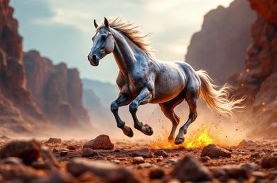 Primary subject: A horse running on a dirt ground.

Setting/background: A rocky mountainous area with a dusty trail.

Visual style: The image is a digital artwork.

Colors and mood: The image has a warm and dynamic color palette, with the horse's body being a mix of gray and white, and the surrounding environment featuring earthy tones and dusty textures.