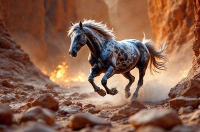Primary subject: A horse running on a dirt road.

Setting/background: The horse is running on a dirt road, with a rocky hillside in the background.

Visual style: The image is a photo of the horse in motion.

Colors and mood: The image has a warm and natural color palette, with the horse's coat and the dirt road creating a sense of movement and energy.