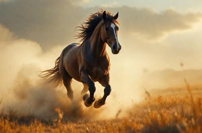 Primary subject: A brown horse running in a field.

Setting/background: The horse is running through a field with dry grass, and there are clouds in the sky.

Visual style: The image is a photo of the horse running in the field.

Colors and mood: The dominant colors are brown and yellow, and the overall atmosphere is energetic and dynamic.