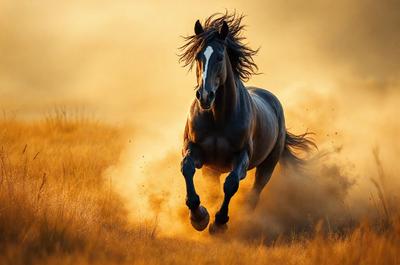 Primary subject: A horse running through a field of dirt.

Setting/background: The horse is running through a field of dirt, with a yellowish hue to the scene.

Visual style: The image is a photo of the horse running through the field.

Colors and mood: The dominant colors are yellow and brown, with a dusty and dynamic atmosphere.