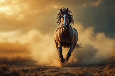 Primary subject: A brown horse running through the dirt.

Setting/background: The horse is running through a field of dirt, with a cloudy sky in the background.

Visual style: The image is a photo of the horse in motion.

Colors and mood: The dominant colors are brown and yellow, with a dusty and dynamic atmosphere.