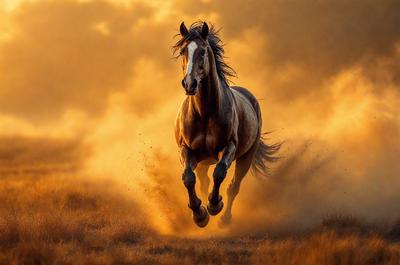 Primary subject: A brown horse running through the dirt.

Setting/background: The horse is running through a field of dirt, with a sunset in the background.

Visual style: The image is a photo of the horse in motion.

Colors and mood: The dominant colors are brown and orange, creating a warm and dynamic atmosphere.