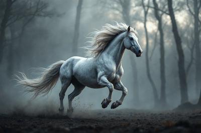 Primary subject: A white horse with blonde hair running through a forest.

Setting/background: The horse is running through a forest with trees in the background.

Visual style: The image is a photo of the horse in motion.

Colors and mood: The horse is white, and the forest has a dark and moody atmosphere.