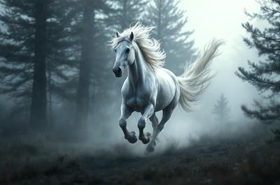 Primary subject: A white horse with blonde hair flying through the air.

Setting/background: The horse is flying through a forest, with trees in the background.

Visual style: The image is a photo of the horse in motion.

Colors and mood: The horse has a white coat, and the forest has a darker, more mysterious atmosphere.