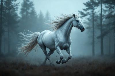 Primary subject: A white horse running through a field.

Setting/background: The horse is running through a grassy field with trees in the background.

Visual style: The image is a photo of the horse in motion.

Colors and mood: The image has a sepia tone, giving it a nostalgic and timeless feel.