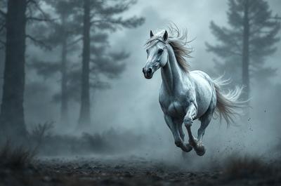 Primary subject: A white horse running through a forest.

Setting/background: The horse is running through a forest with trees in the background.

Visual style: The image is a black and white photo.

Colors and mood: The dominant colors are black and white, creating a dramatic and moody atmosphere.