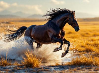 Primary subject: A horse running through a field.

Setting/background: The horse is running through a field with tall grass, and there are mountains in the background.

Visual style: The image is a photo of the horse running through the field.

Colors and mood: The image has a warm and natural color palette, with the horse's brown and black fur, the green grass, and the blue sky in the background. The mood of the image is energetic and dynamic, as the horse