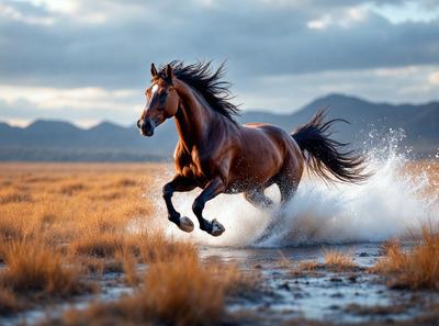 Primary subject: A brown horse running through a field.

Setting/background: The horse is running through a field with mountains in the background.

Visual style: The image is a photo of the horse in motion.

Colors and mood: The image has a warm and natural color palette, with the brown horse and the green field creating a sense of freedom and movement.