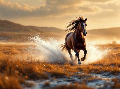 Primary subject: A brown horse running through a field of grass.

Setting/background: The horse is running through a field of grass, with mountains visible in the background.

Visual style: The image is a photo of the horse running through the field.

Colors and mood: The image has a warm and natural color palette, with the brown horse and the green grass creating a sense of freedom and movement.