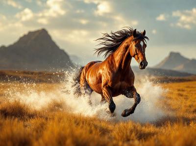 Primary subject: A brown horse running through a field.

Setting/background: The horse is running through a field with mountains in the background.

Visual style: The image is a photo of the horse running through the field.

Colors and mood: The dominant colors are brown and yellow, with a sense of motion and energy.