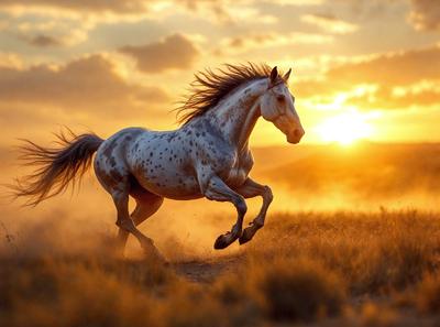 Primary subject: A white horse with a black mane running in a field.

Setting/background: The horse is running in a field with a sunset in the background.

Visual style: The image is a photo of the horse in motion.

Colors and mood: The dominant colors are orange and yellow, creating a warm and vibrant atmosphere. The horse's movement and the sunset in the background evoke a sense of freedom and energy.