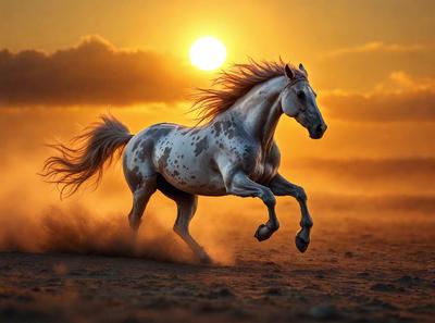 Primary subject: A white and brown spotted horse running on a dirt field.

Setting/background: The horse is running in a field with a sunset in the background.

Visual style: The image is a photo of the horse in motion.

Colors and mood: The dominant colors are orange and yellow from the sunset, creating a warm and vibrant atmosphere.