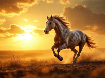 Primary subject: A horse running in a field.

Setting/background: The horse is running in a field with a sunset in the background.

Visual style: The image is a photo of the horse running in the field.

Colors and mood: The dominant colors are orange and yellow, creating a warm and vibrant atmosphere. The mood of the image is energetic and dynamic, as the horse is captured in motion.