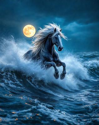 Primary subject: A horse with a flowing mane, galloping through the ocean waves.

Setting/background: The ocean, with waves and a moon in the background.

Visual style: Digital art.

Colors and mood: The image is in blue and white tones, creating a serene and calming atmosphere.