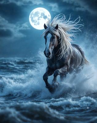 Primary subject: A white horse running through the ocean.

Setting/background: The ocean, with waves and a moon visible in the background.

Visual style: The image is a digital artwork.

Colors and mood: The image has a blue and white color scheme, with a serene and dynamic mood.