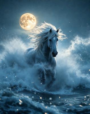 Primary subject: A white horse with a flowing mane.

Setting/background: The horse is running through the ocean, with waves and a moon in the background.

Visual style: The image is a digital artwork.

Colors and mood: The dominant colors are blue and white, with a serene and majestic atmosphere.