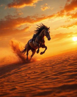 Primary subject: A horse running on a sandy surface.

Setting/background: The horse is running on a sandy beach or desert-like environment.

Visual style: The image is a digital art or illustration of a horse running.

Colors and mood: The image has a warm and vibrant color palette, with the horse's mane and tail blowing in the wind, adding a sense of motion and energy to the scene.