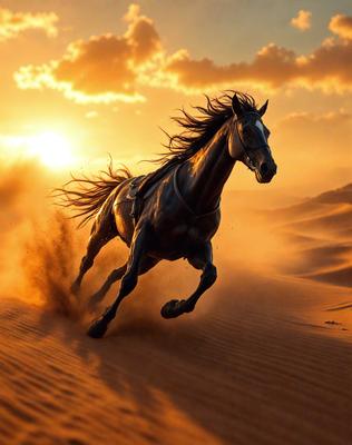 Primary subject: A horse running on a sandy surface.

Setting/background: A desert landscape with sand and a sunset in the background.

Visual style: A photo of the horse running in the desert.

Colors and mood: The image has a warm and vibrant color palette, with the sunset casting a golden glow on the sand and the horse's mane and tail blowing in the wind. The overall atmosphere is dynamic and energetic, capturing the horse's