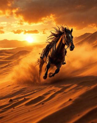 Primary subject: A horse running on a sandy surface.

Setting/background: The horse is running on a sandy beach or desert-like terrain.

Visual style: The image is a photo of the horse running.

Colors and mood: The image has a warm and vibrant color palette, with the horse's mane and tail blowing in the wind, adding a sense of motion and energy to the scene.
