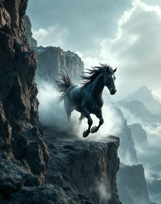 Primary subject: A horse running down a rocky cliff.

Setting/background: The horse is running down a rocky cliff, with a mountainous background.

Visual style: The image is a digital art illustration.

Colors and mood: The image has a dramatic and intense atmosphere, with the horse's movement and the rocky terrain creating a sense of urgency and adventure.