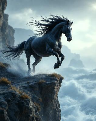 Primary subject: A horse running on a rocky hillside.

Setting/background: The horse is running on a rocky hillside, with a mountainous background.

Visual style: The image is a digital art illustration.

Colors and mood: The image has a dramatic and dynamic mood, with the horse's mane and tail flowing in the wind, and the rocks and mountainous terrain creating a sense of movement and power.