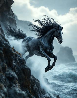 Primary subject: A horse running on a rocky cliff near the ocean.

Setting/background: The horse is running on a rocky cliff, with the ocean in the background.

Visual style: The image is a photo of the horse in action.

Colors and mood: The image has a dramatic and dynamic mood, with the horse's movement and the surrounding environment creating a sense of excitement and adventure.