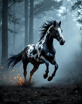 Primary subject: A black and white horse with a white face and spotted pattern, running through a forest.

Setting/background: The horse is running through a forest, surrounded by trees and possibly some dirt.

Visual style: The image is a photo of the horse in motion.

Colors and mood: The horse is black and white, and the overall atmosphere is dynamic and energetic, as the horse is running through the forest.