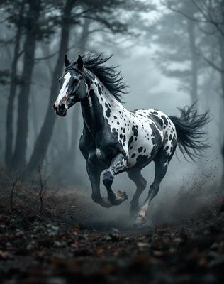 Primary subject: A black and white spotted horse running through a forest.

Setting/background: The horse is running through a forest, surrounded by trees and dirt.

Visual style: The image is a photo of the horse in motion.

Colors and mood: The horse is black and white, and the overall atmosphere is dynamic and energetic.