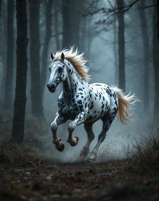 Primary subject: A white and black spotted horse running through a forest.

Setting/background: The horse is running through a forest with trees surrounding it.

Visual style: The image is a photo of the horse in motion.

Colors and mood: The horse is predominantly white with black spots, and the overall atmosphere is energetic and dynamic.