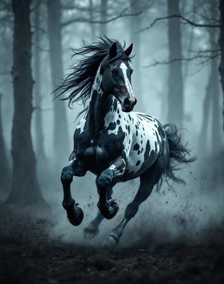 Primary subject: A black and white horse with white spots running through a forest.

Setting/background: The horse is running through a forest with trees in the background.

Visual style: The image is a black and white photo.

Colors and mood: The dominant colors are black, white, and shades of gray. The overall atmosphere is dynamic and energetic, as the horse is captured in motion.