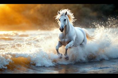Primary subject: A white horse running through the water.

Setting/background: The horse is running through a body of water, possibly a river or a lake.

Visual style: The image is a photo of the horse in motion.

Colors and mood: The image has a vibrant and dynamic atmosphere, with the white horse standing out against the water.
