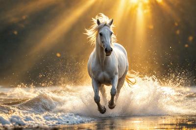 Primary subject: A white horse running through water.

Setting/background: The horse is running through a body of water, possibly a river or a lake.

Visual style: The image is a photo of the horse in motion.

Colors and mood: The image has a vibrant and dynamic atmosphere, with the white horse standing out against the water and the surrounding environment.