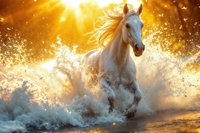 Primary subject: A white horse with blonde hair running through water.

Setting/background: The horse is running through a body of water, possibly a river or a lake.

Visual style: The image is a photo of the horse in motion.

Colors and mood: The image has a warm and vibrant color palette, with the white horse contrasting against the water and the surrounding environment.