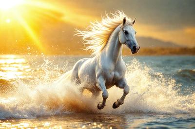 Primary subject: A white horse running through the water.

Setting/background: The horse is running through a body of water, possibly a lake or a river.

Visual style: The image is a photo of the horse in motion.

Colors and mood: The image has a vibrant and lively atmosphere, with the white horse standing out against the water.