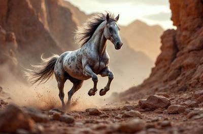 Primary subject: A horse running on a dirt road.

Setting/background: The horse is running on a dirt road, with a mountain in the background.

Visual style: The image is a photo of the horse in motion.

Colors and mood: The image has a warm and natural color palette, with the horse's coat and the dirt road being the main colors. The overall atmosphere is energetic and dynamic, as the horse is captured in motion.