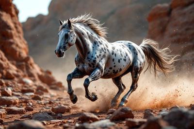 Primary subject: A horse running on a dirt road.

Setting/background: The horse is running on a dirt road, with a rocky hillside in the background.

Visual style: The image is a photo of the horse in motion.

Colors and mood: The image has a warm and natural color palette, with the horse's coat and the dirt road creating a sense of movement and energy.