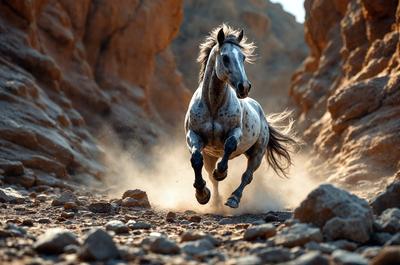 Primary subject: A horse running on a dirt road.

Setting/background: The horse is running on a dirt road, with a rocky hillside in the background.

Visual style: The image is a photo of the horse running.

Colors and mood: The image has a sepia tone, giving it a vintage and nostalgic feel. The horse's movement and the dirt road create a sense of energy and freedom.